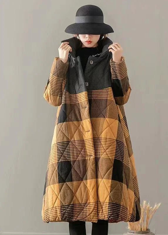 women's faux fur-lined parka -Yellow Pockets Plaid Patchwork Fine Cotton Filled Coats Button Winter