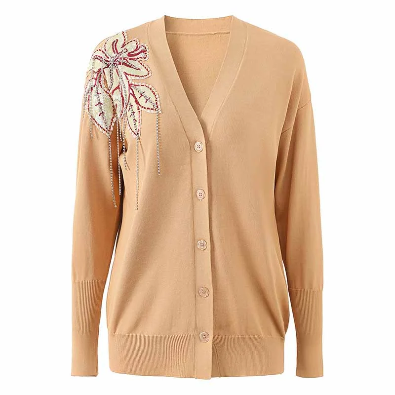 versatile trench coat for ladies -Camel Floral Sequin Beaded Coat Embroidered Button Up Detail Cardigan