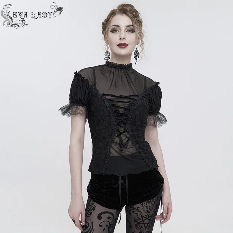 ladies' draped wrap top -Women's Gothic Strappy Mesh Splice Beaded Shirt