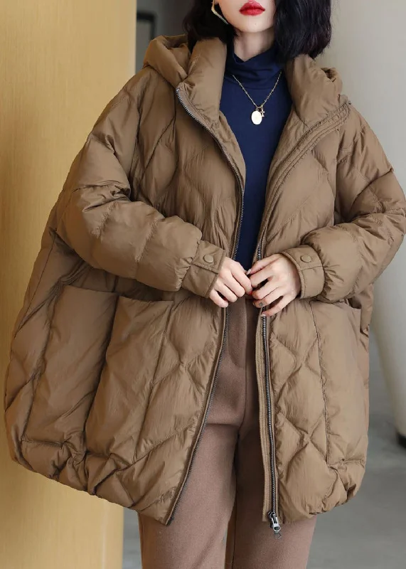 stylish longline coat for women -Coffee Thick Duck Down Puffer Jacket Hooded Pockets Winter