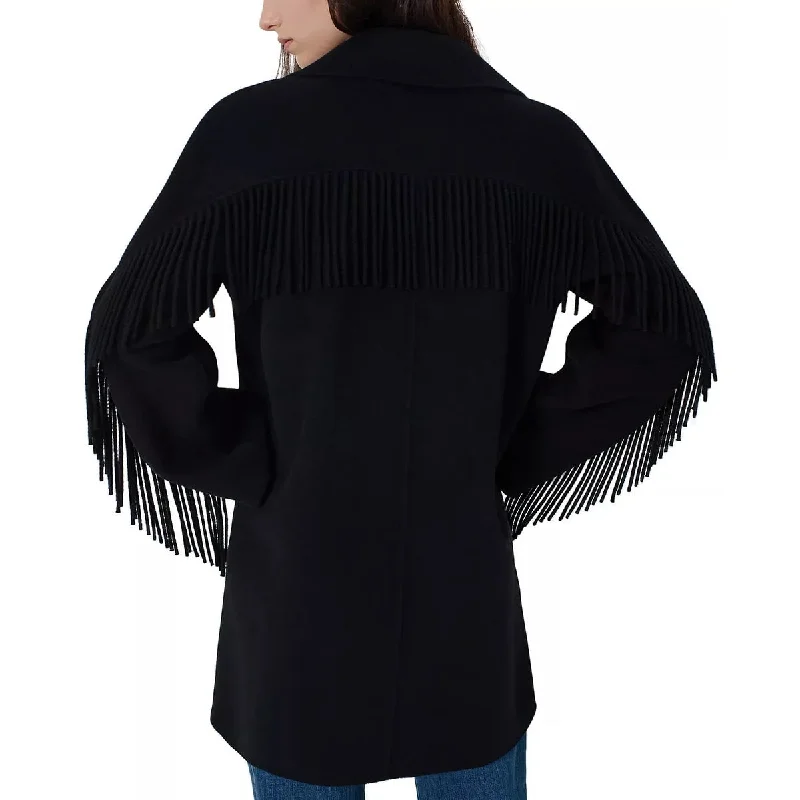 women's fur-trimmed parka -Marella Women's Fringe Sleeve Coat Black Size 2