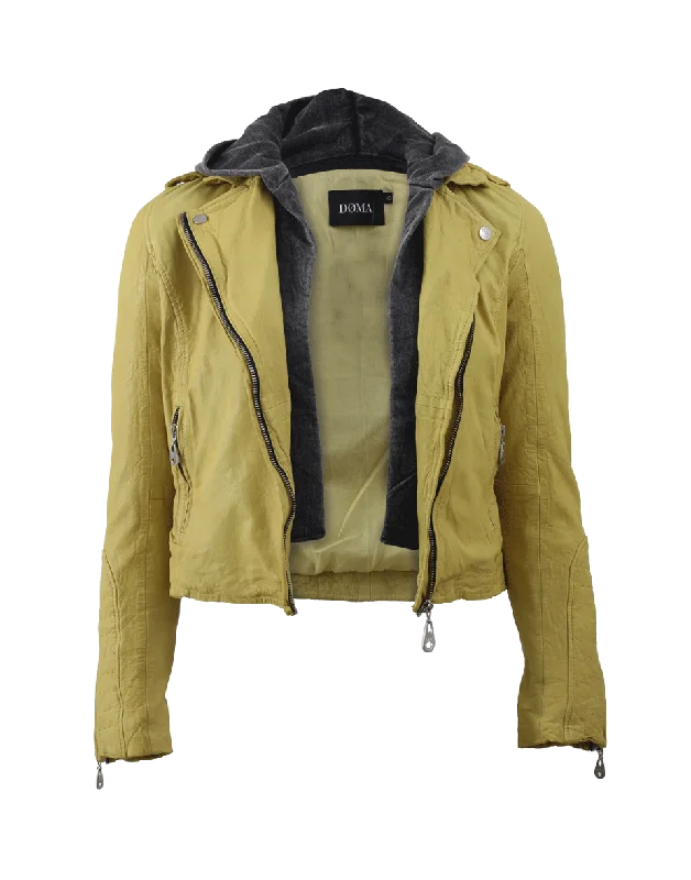 women's travel-friendly jacket -Detachable Hood Leather Moto Jacket