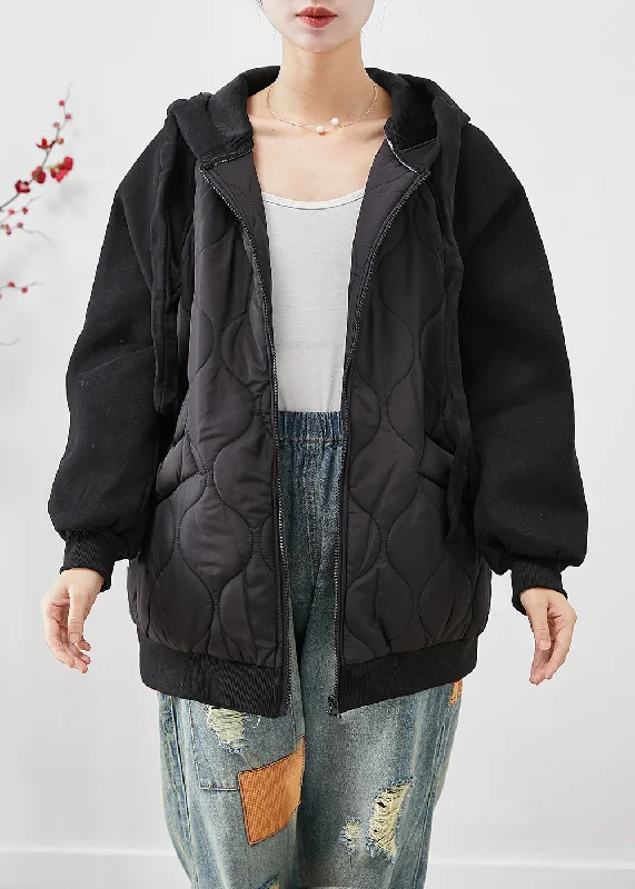 oversized women's coat -Italian Black Hooded Patchwork Fine Cotton Filled Jackets Winter