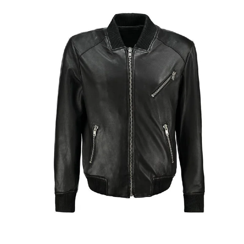 sporty track jacket for women -Men Black Bomber Leather Jacket