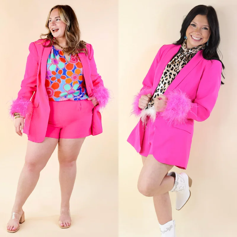 women's thermal long coat -BuddyLove | Elle Feather Trim Blazer in Azalea (Hot Pink)