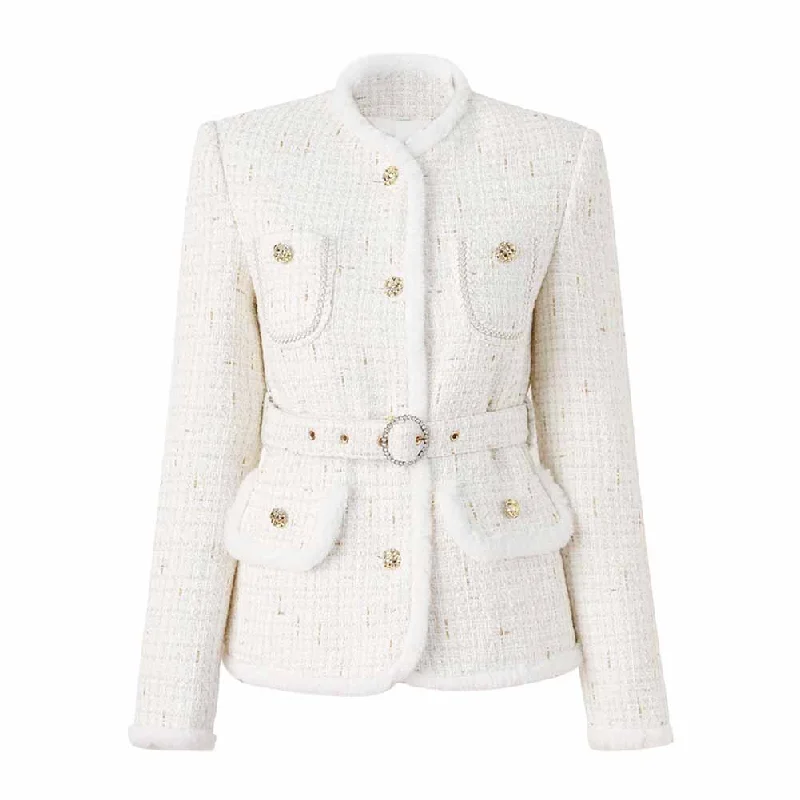 ladies' fleece zip-up jacket -Women Fur Collarless White Blazer Woolen Jacket With Sashes