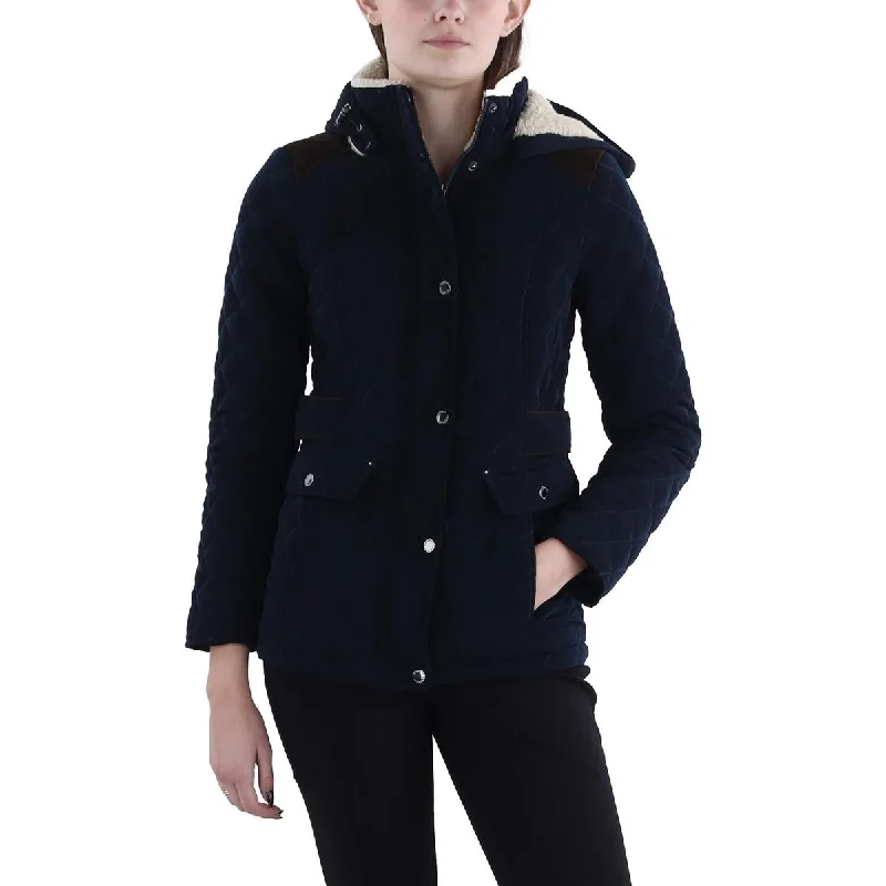 ladies' wool overcoat -Petites Womens Faux Fur Hooded Quilted Coat