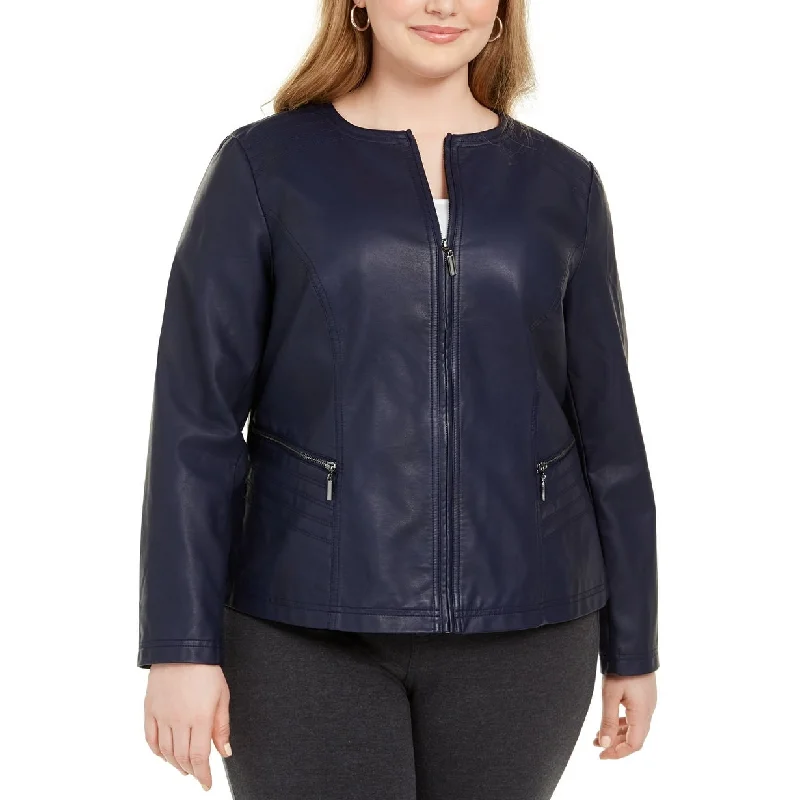 women's faux fur-lined parka -Alfani Women's Plus Size Faux Leather Zipper Jacket Blue Size 3XL - XXX-Large