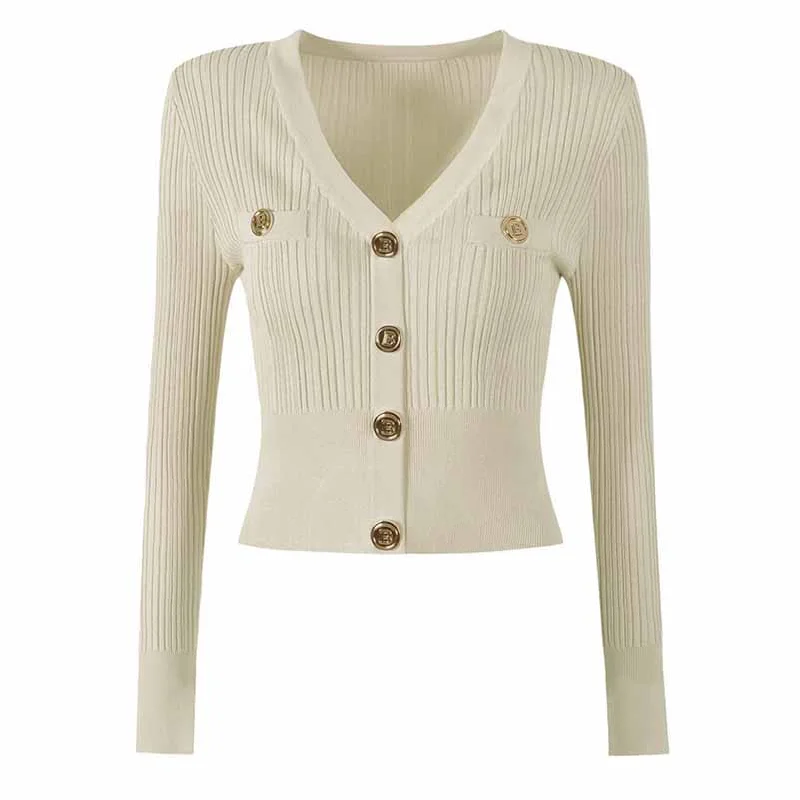 ladies' waterfall drape coat -Women's Crop Cardigan V-Neck Knitted Top