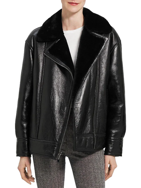 women's fur-trimmed parka -Womens Leather Shearling Lined Motorcycle Jacket