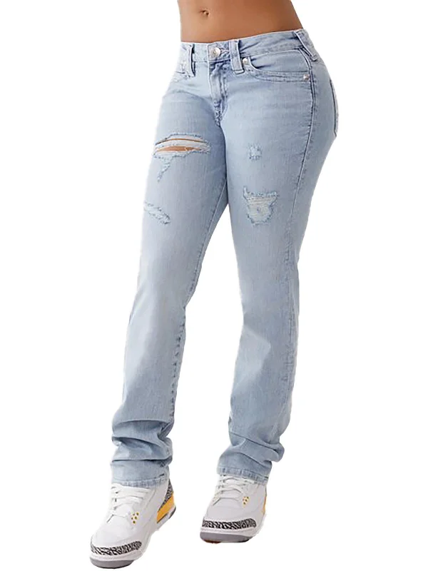 women's slouchy vintage-style jeans -Womens Mid-Rise Destroyed Straight Leg Jeans