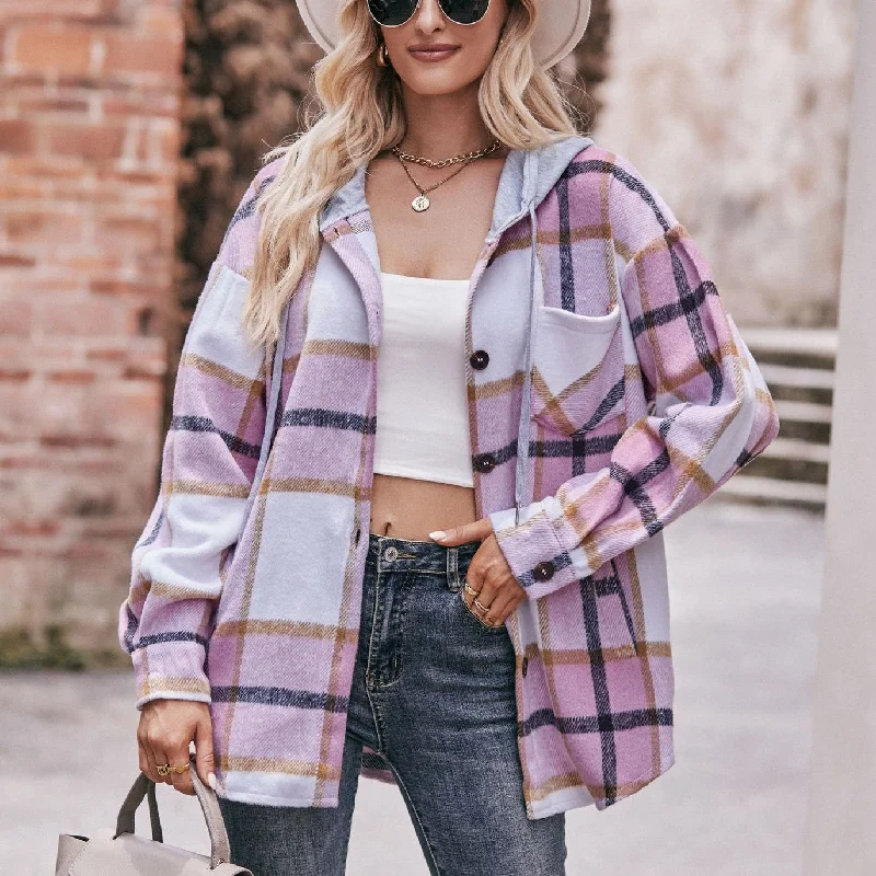 chic pleated detail top for ladies -Ladies Hooded Casual Mid-length Plaid Shirt