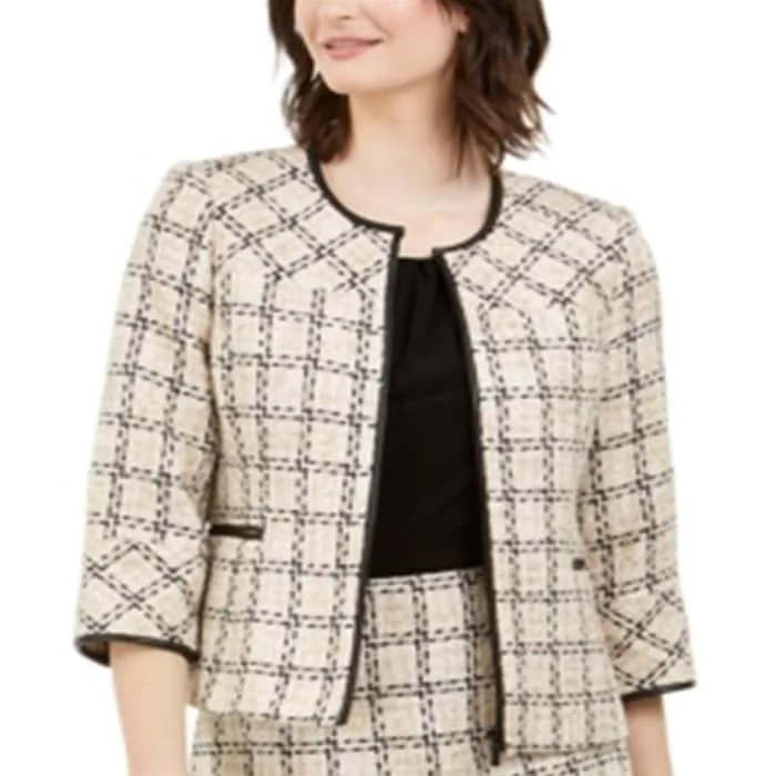 cozy teddy coat for ladies -Karl Lagerfeld Paris Women's Checked Tweed Jacket Brown Size 6