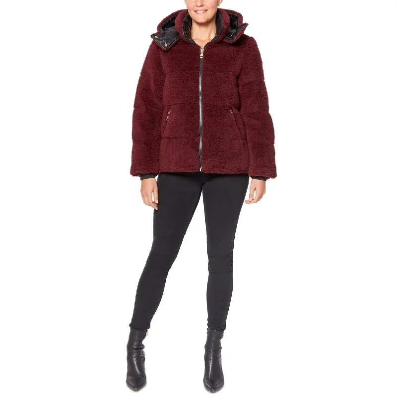 luxury designer winter coat for women -Vince Camuto Women's Hooded Faux Fur Teddy Puffer Coat Red Size X-Large