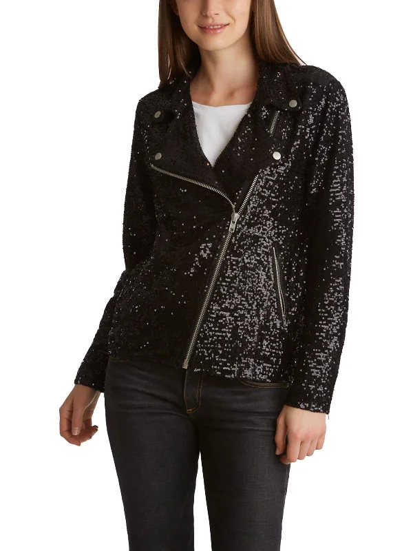 women's casual denim jacket -Womens Sequined Long Sleeves Motorcycle Jacket