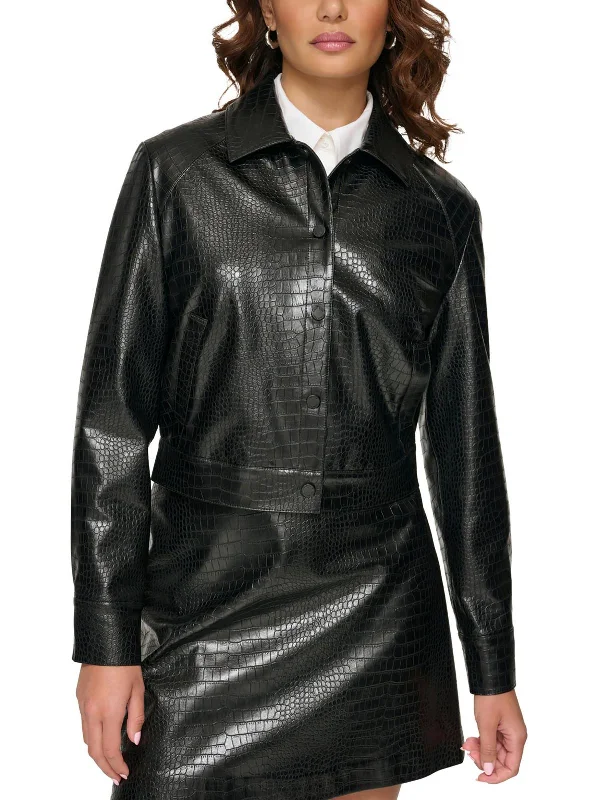 lightweight quilted jacket for women -Petites Womens Faux Leather Textured Motorcycle Jacket