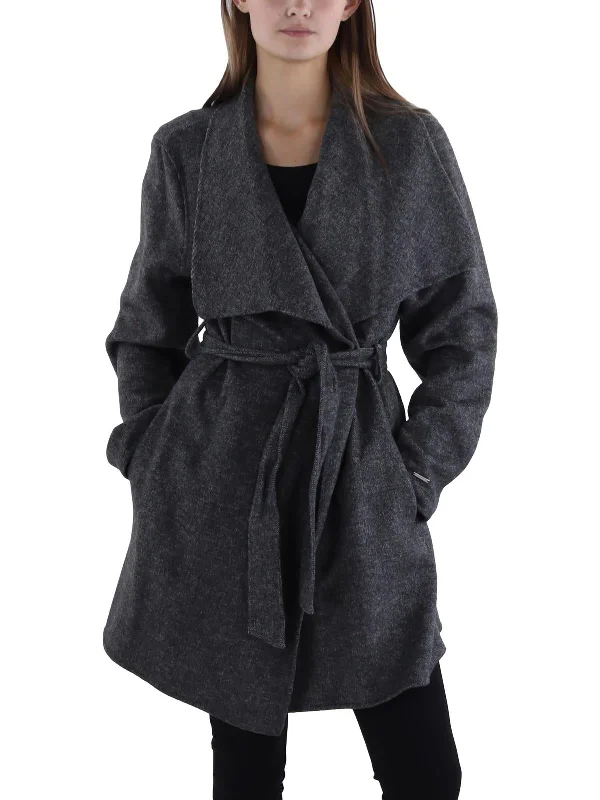 long elegant trench coat for women -Womens Wool Blend Heathered Wrap Coat