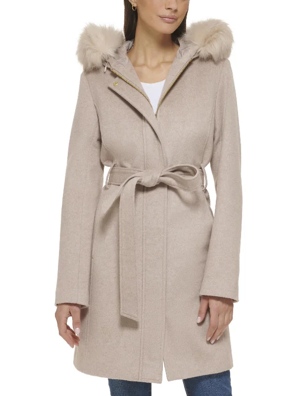 sophisticated evening coat for women -Womens Wool Blend Belted Wool Coat