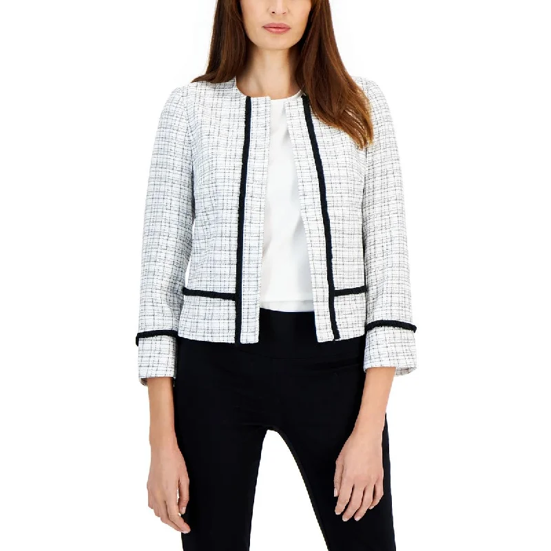 ladies' sporty windbreaker -Kasper Womens Petites Plaid Collarless Open-Front Blazer