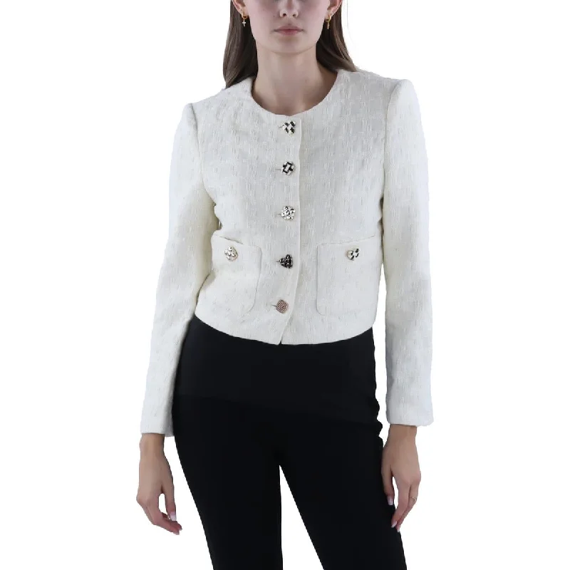 women's biker-style leather jacket -English Factory Womens Four Button Cropped Collarless Blazer