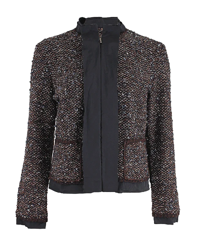 women's teddy bear coat -Metallic-Tweed Zippered Jacket