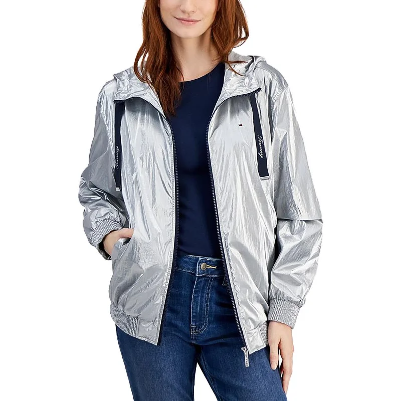 women's cropped bomber jacket -Womens Metallic Long Sleeve Windbreaker Jacket