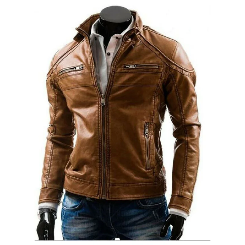 lightweight quilted jacket for women -Men Brown Leather Fashionable Biker Men Fashion Jacket