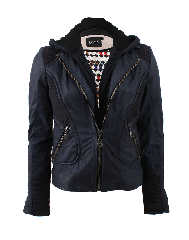 women's biker-style leather jacket -Jacket With Ribbing And Detachable Hood