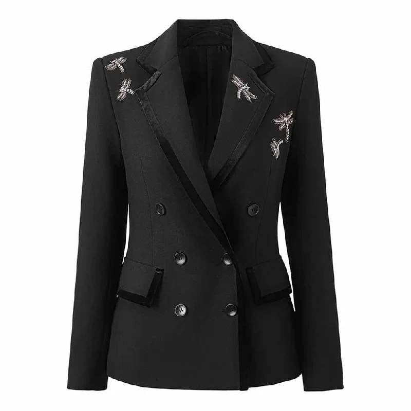 casual zip-up hoodie jacket for women -Womens Black Blazer Nail Drill Dragonfly Embroidery Coat