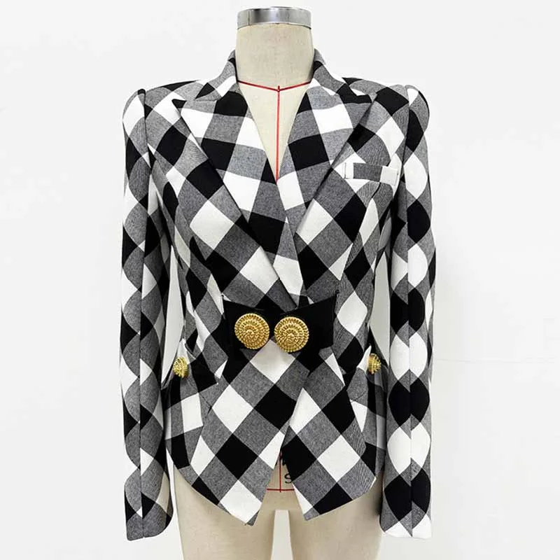 stylish longline coat for women -Womens Belted Black Blazer With Check Pattern Coat