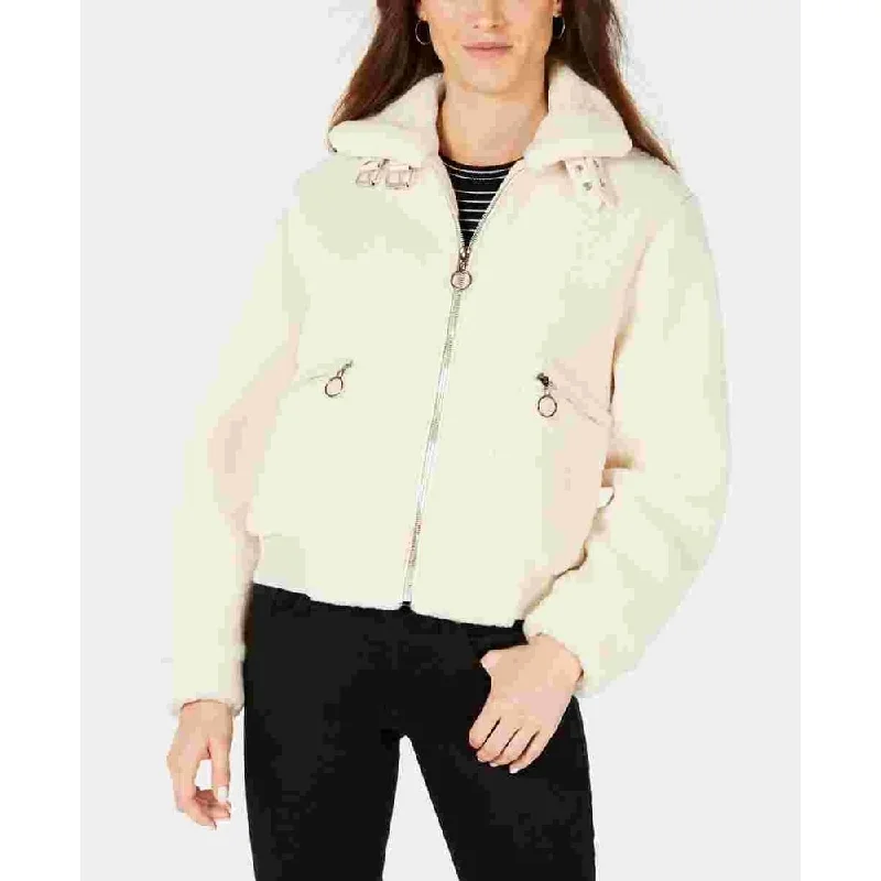 double-layered long coat for women -Collection B Junior's Faux Fur Teddy Bomber Jacket White