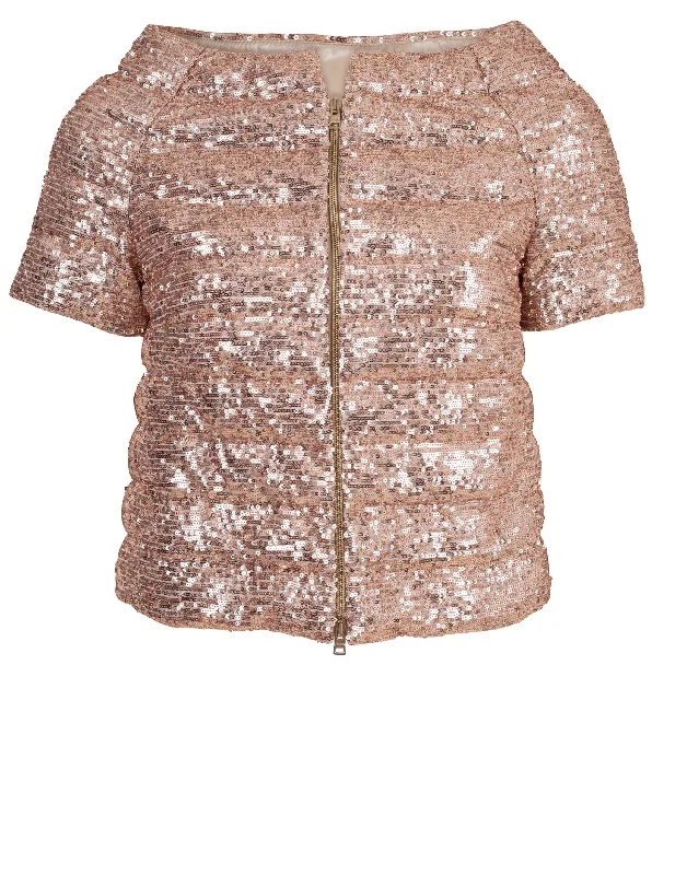 women's lightweight cargo jacket -Rose Gold Sequin Cap Sleeve Jacket