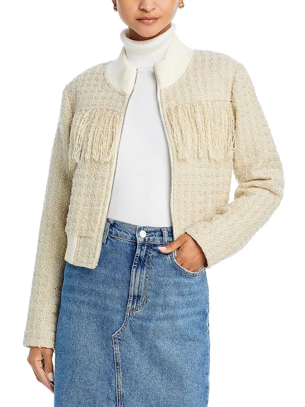 fashionable belted wool coat for women -Swisher Womens Tweed Fringe Windbreaker Jacket