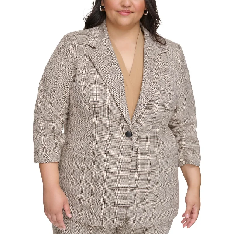 fitted wool blend coat for women -Calvin Klein Womens Plus Houndstooth Suit Separate One-Button Blazer