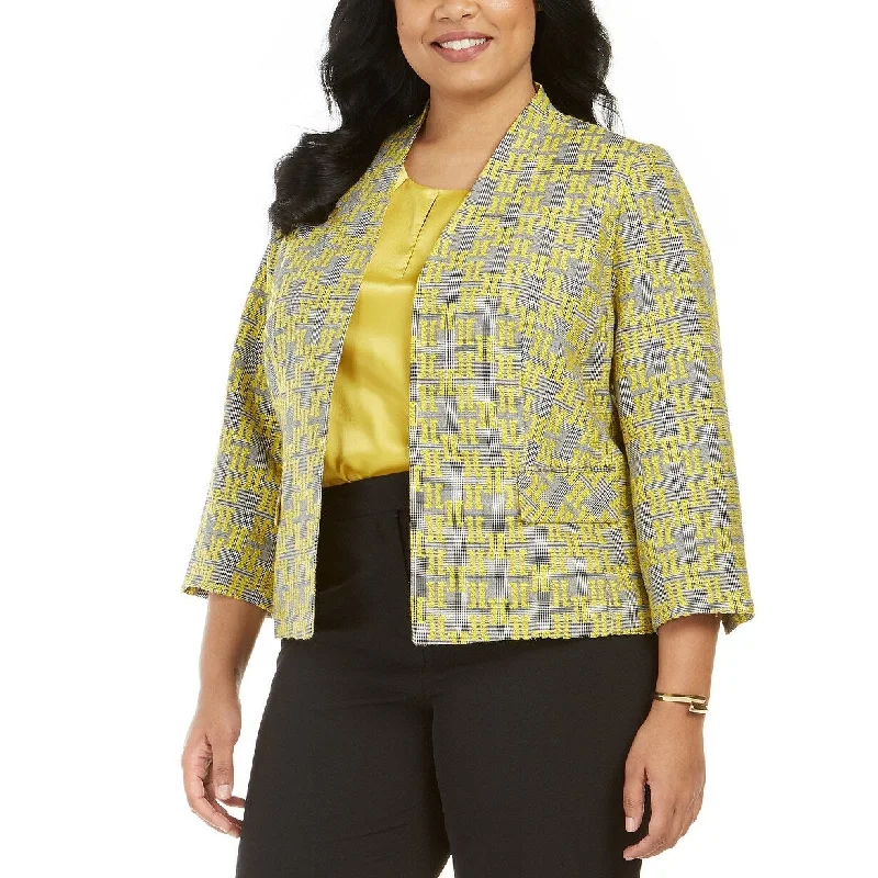 ladies' fur-lined jacket -Kasper Women's Plus Size Jacquard Plaid Jacket Yellow Size 13