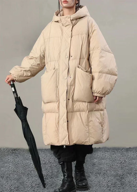 fashionable belted wool coat for women -Plus Size Beige Hooded Solid Pockets Duck Down Winter Coats