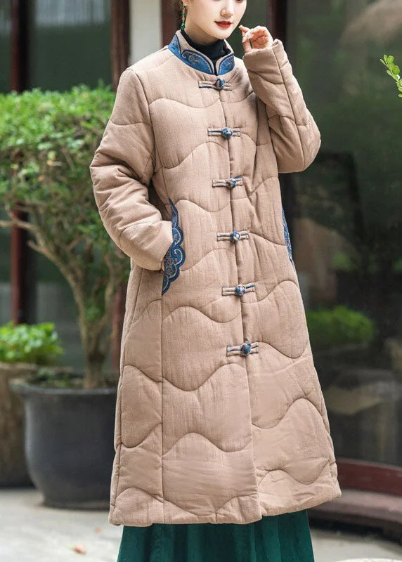 stylish knit jacket for women -Elegant Khaki Stand Collar Embroideried Lengthen Fine Cotton Filled Witner Coat