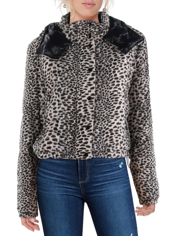 ladies' longline puffer coat -Avoine Womens Faux Fur Animal Print Puffer Jacket