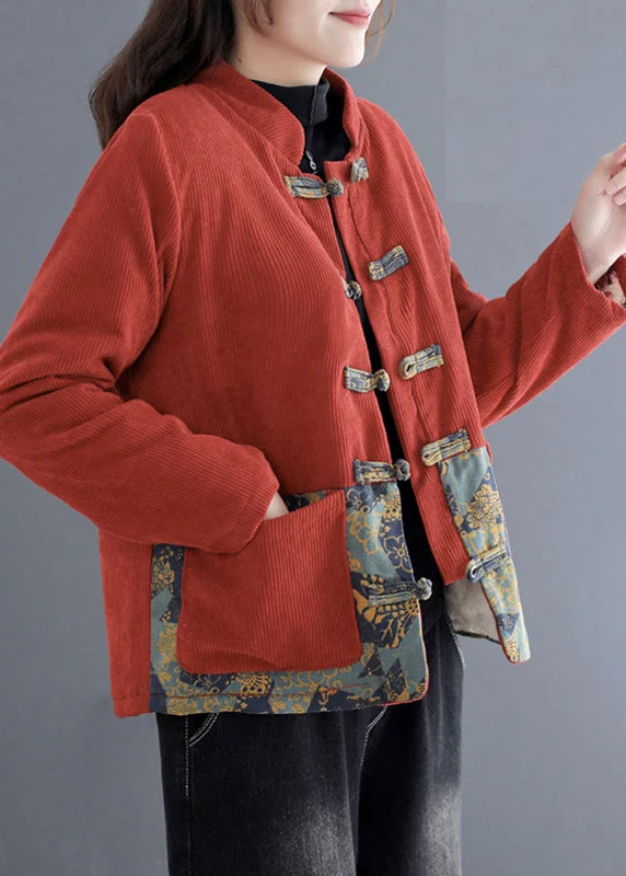 classic camel coat for ladies -Vintage Orange Print Patchwork Pockets Thick Corduroy Parka Fall