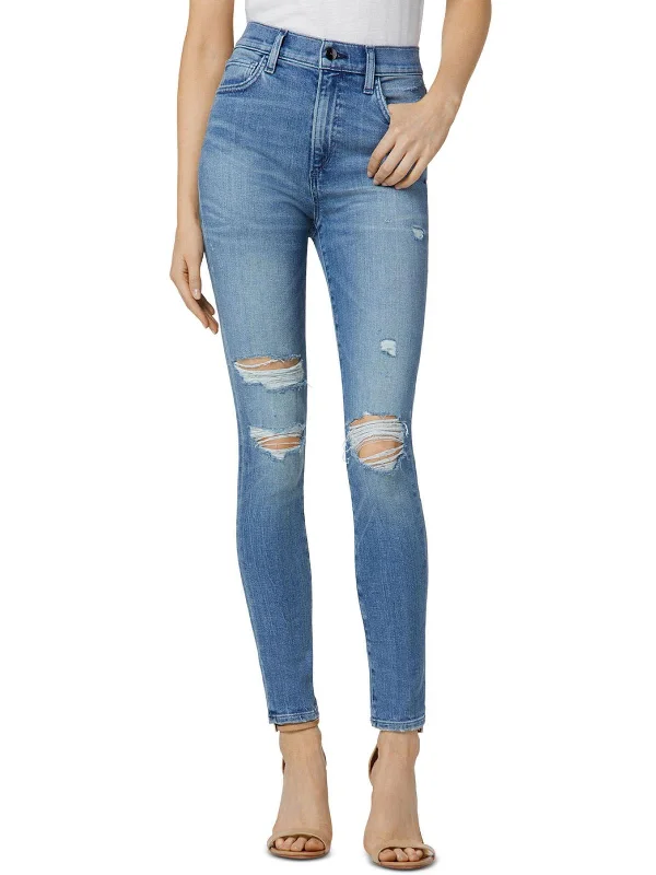 women's straight-leg denim pants -Womens Distressed High Rise Ankle Jeans