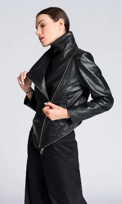 stylish longline coat for women -Asymmetric Zipper Leather Jacket