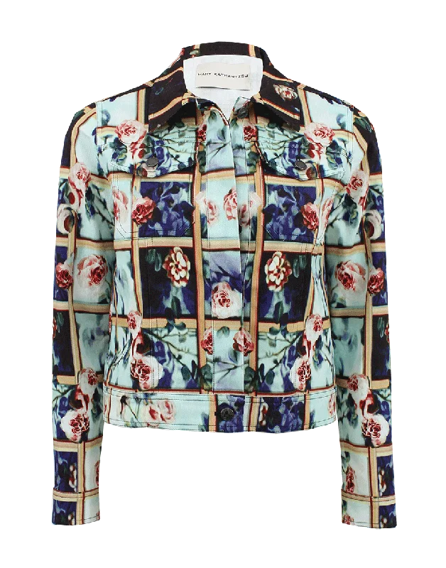 versatile casual coat for women -Cage Floral Print Denim Jacket