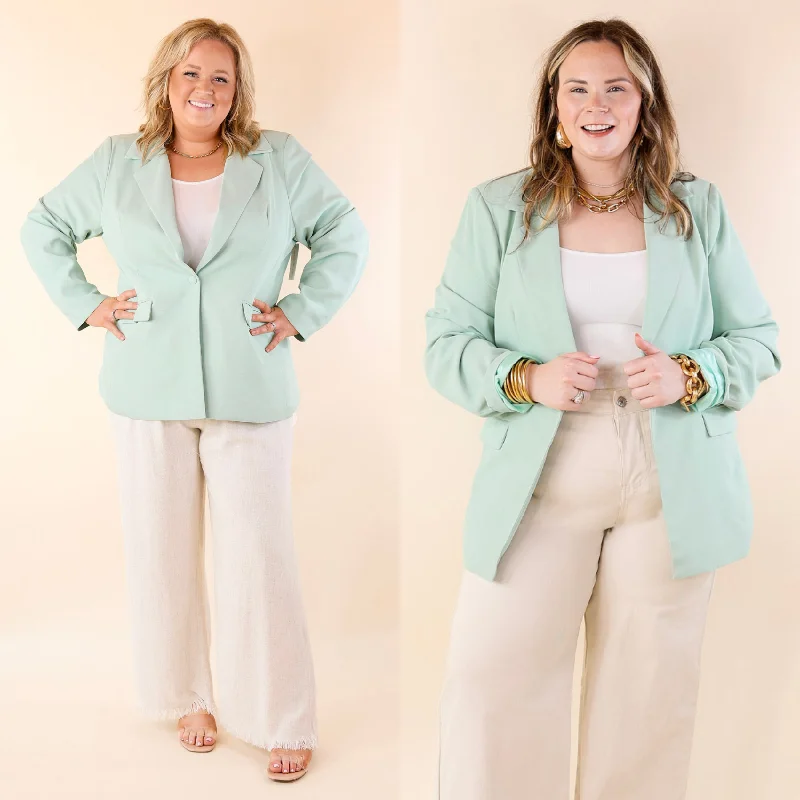 women's double-breasted coat -Winning Awards Long Sleeve Blazer in Mint Green