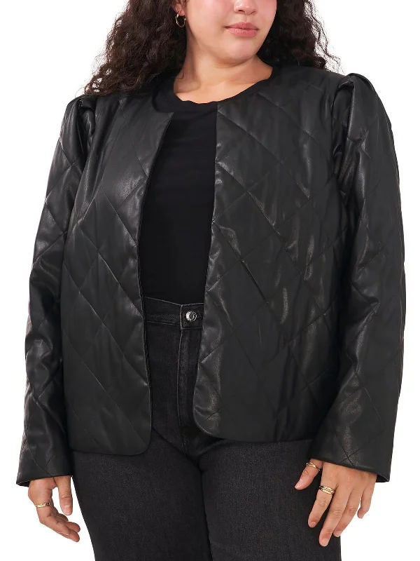 ladies' long hooded winter coat -Plus Womens Faux Leather Quilted Open Front