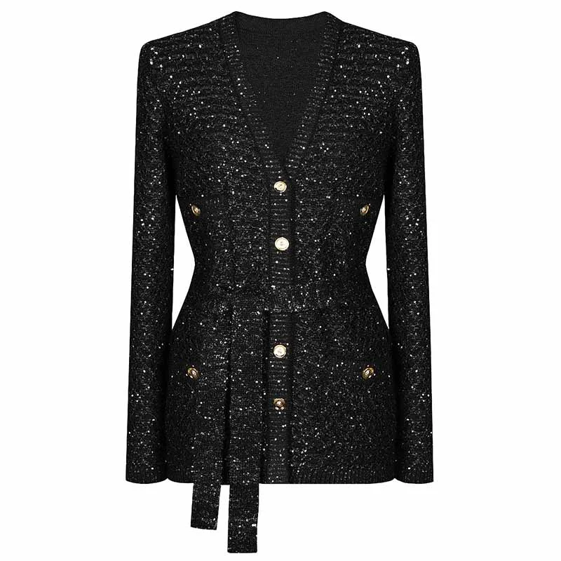 long elegant trench coat for women -Women's Sequin Knited Top Coat with Lace-up Belted