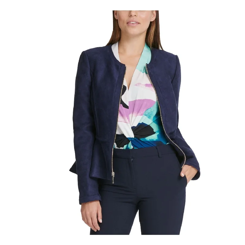 professional work blazer for women -Dkny Women's Faux Suede Zip Front Peplum Jacket Blue Size 6