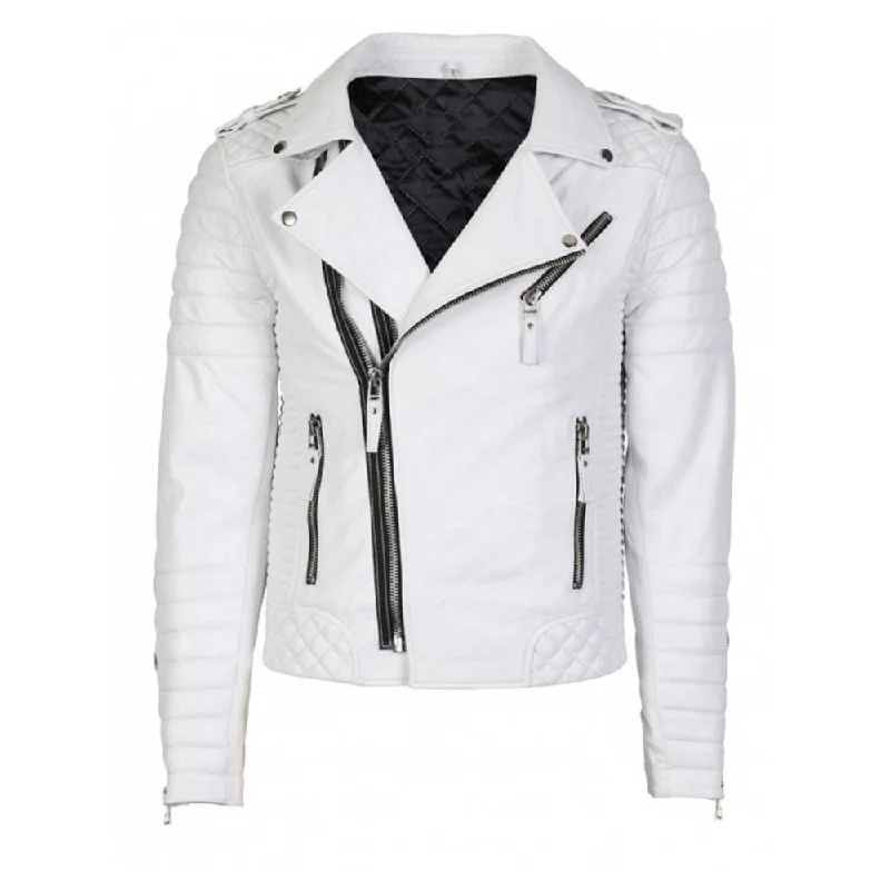 ladies' fleece zip-up jacket -White Biker Quilted Leather Jacket