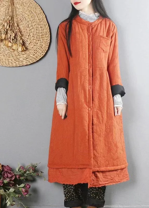 ladies' fur-lined jacket -Orange Patchwork Fine Cotton Filled Winter Coats Button Lace