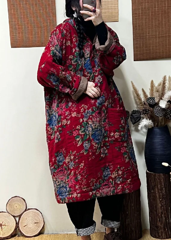 women's sherpa-lined jacket -Loose Red Hooded Print Fine Cotton Filled Long Coats Winter