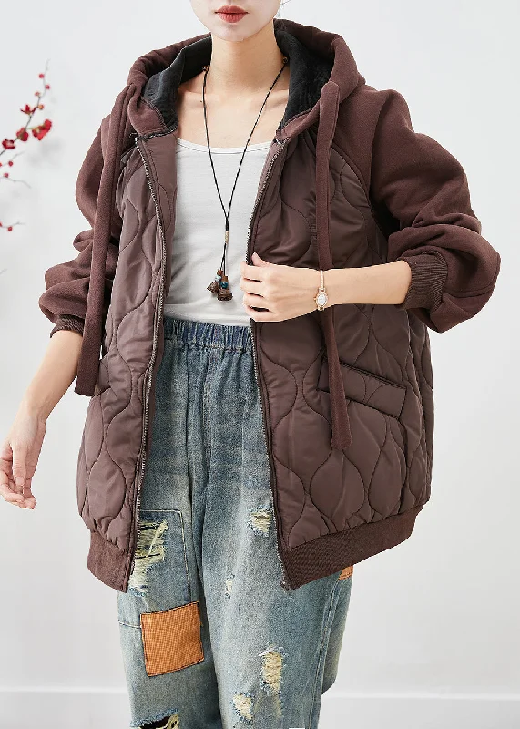 casual coats for women -Brown Patchwork Fine Cotton Filled Puffer Jacket Hooded Oversized Winter